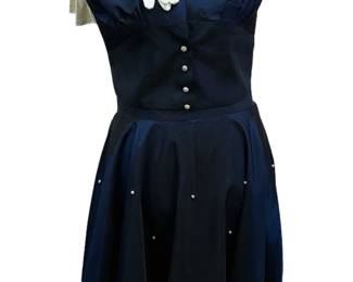 Vintage * Ro-Nel Of California Satin Taffeta Iridescent Midnight Blue 2-piece Halter Top & Skirt W/ Pearl Embellishments * Vintage Long Cream Gloves