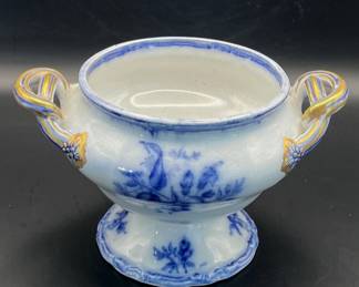 Blue And White With Gold Trim Vintage Decorative Pedestal Bowl