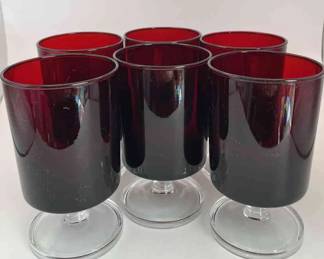 Six Red Mid Century Streamlined Shape Glasses * Clear Base
