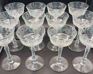 12 Vintage Libbey Rock Sharpe 3005 Etched Crystal Glasses 5 5/8" Circa 1935