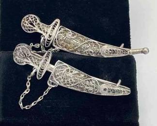 Sterling Silver Most Likely Filigree Mini Swords With Sheaths Pins
