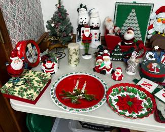 The last two tables in the basement are filled with vintage to contemporary Christmas! 