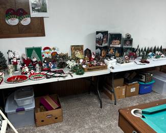 The last two tables in the basement are filled with vintage to contemporary Christmas! 