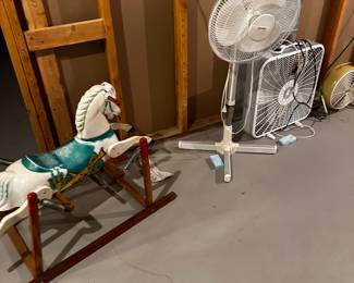 Some more basement treasures! Fans and a GREAT Vintage Toy Rocking Horse! 