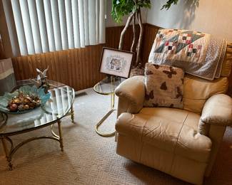 This corner has a lovely white leather La Z Boy Recliner.  Take a peek at the table there, that is the MCM Hollywood Regency Le Barge Brass and Glass HEXAGON, 6 legged coffee table! 