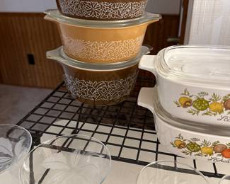 Table FILLED with Vintage Pyrex and Stemware! 