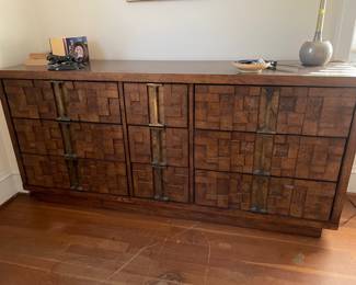 MCM brutalist dresser and pair of nightstands 