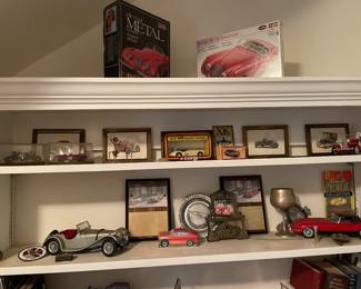 Vtg Jaguar and other car models, prints and awards 