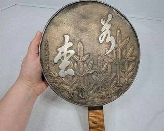 Japanese Meiji period bronze Geisha hand mirror,