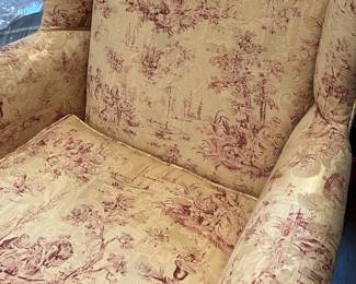 A beautiful pair of antique Queen Anne chairs in a stunning silk pink and cream upholstery 