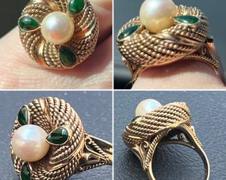 Stunning braided gold pearl ring with gorgeous spinach jade…custom 1940s
