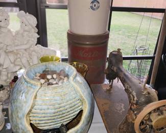 Fountain - Antique Sewing machine - Butter Churn - Morgan's Pototoe Chip Can