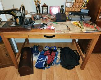 Desk with One Drawer - Antique Sewing Machine- First Edition of Houston Post - Bags