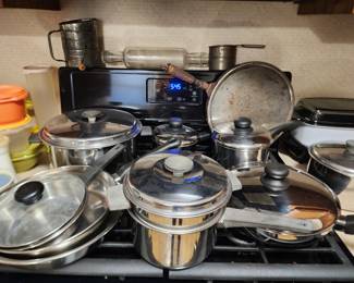 Pots and  Pans - Antique Glass Rolling Pin - Old Measuring Cups