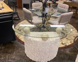 Postmodern Tessellated Stone Sofa Table; Top Glass sits on Spheres, Beveled Glass