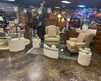 Showcasing the complete set of Postmodern (c.1980's) Four Matching Tables: 2 Round End Tables, 1 Rectangular Coffee Table, and 1 Sofa Table, all with beveled glass edges