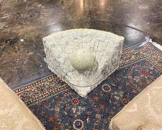 Postmodern Tessellated Stone TRIANGULAR Coffee Table; Top Glass sits on Spheres (Glass has beveled edge)