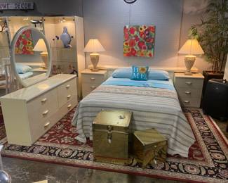 c.1970's, MCM, Made in Italy,  LUCITE Full Size Bedroom Suite with 2 Nightstands, Headboard, Frame, Dresser with Round Mirror, all with orig Gold Tone Handles