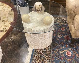 Postmodern Tessellated Stone Round Coffee Table; Top Glass sits on Spheres