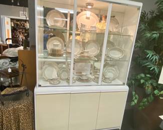 c1970's Lucite 2-Tone Lighted China Cabinet with 3 Glass Shelves, Glass Doors with Engraved Vertical Detailing, and Bottom Storage  