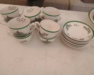 SPODE CHRISTMAS TREE CUPS AND SAUCERS