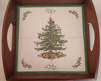  SPODE CHRISTMAS TREE TILE AND WOOD SERVING TRAY