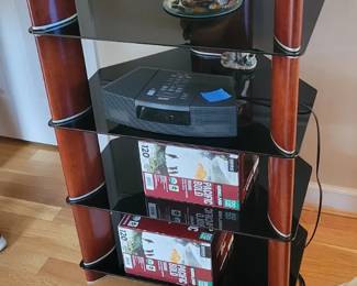 stereo shelf, black glass wood