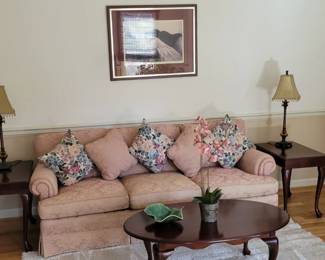 Powder pink, buff brocade sofa with pair of walnut Queen Anne end tables