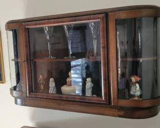 art deco curved glass end curio cabinet wall hung, Goebels