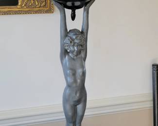 Deco style hall table lamp, girl holding lamp globe