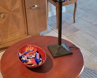 Walnut round end table, metal lamp