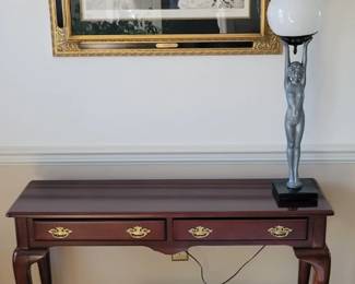 Queen Anne repro hall table, brass hardware, art deco lamp and Icart print