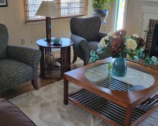 Art deco style arm chairs, Stickley coffee table. end table not available. 