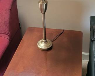 walnut end table, brass lamps