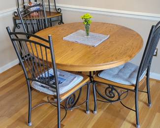 Iron base kitchen dining table and chairs, corner shelf, oak top and seats