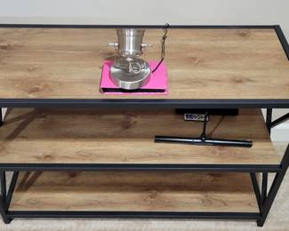 light wood and black metal frame 3 high shelf