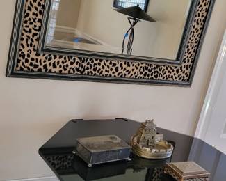 black glass stereo shelving, leopard print matt and frame