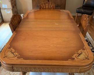 American Art Deco Walnut dining table 4 chairs, 1920's. Hand stenciled