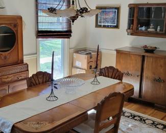 Art Deco complete dining room suite of 7 matching pieces, with walnut wall hung cabinet and storage cabinet/sideboard