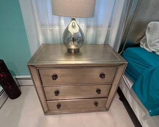 MATCHED PAIR OF THREE DRAW NIGHTSTANDS-SLIGHTLY USED CONDITION FROM PIER ONE IMPORTS 1 OF 2. MATCHED PAIR OF CONTEMPORARY MODERN LAMPS 1 OF 2