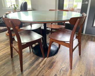 Teak tulip table with glass top, Hans Wegner MCM CH30 chairs.