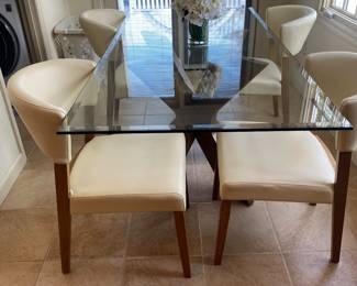 GRANDIN ROAD GLASS TOP TABLE WITH COOL WOOD BASE AND 6 CHAIRS