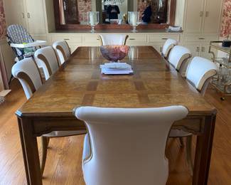 BURLED WOOD PARSONS DINING TABLE WITH 2 LEAVES AND ALL PADS

CUSTOM MADE DINING TABLE EXTENDERS THAT FIT THE ABOVE TABLE