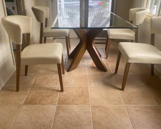 GRANDIN ROAD GLASS TOP TABLE WITH COOL WOOD BASE AND 6 CHAIRS