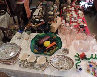Portuguese pottery, Murano glass candies and vegetables. Pink  Depression glass.