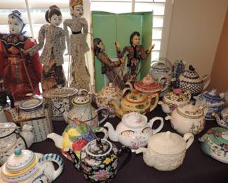 Tea pots and  Wayang Golek puppets. Indonesian Rod Stick Folk Art