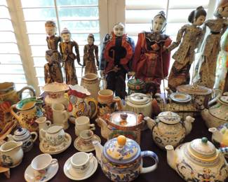 Teapots  and Wayang Golek puppets. Indonesian Rod Stick Folk Art