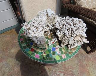 Coral and mosaic tile table.