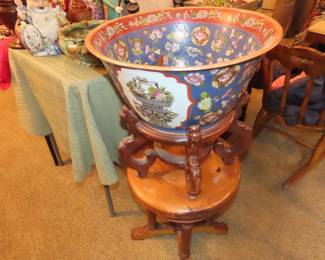 Large decorative Asian bowl on stand. Swivel stool.