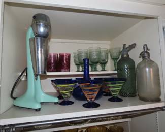 Vintage Sparkletts soda syphons, Depression Glass and new glass.